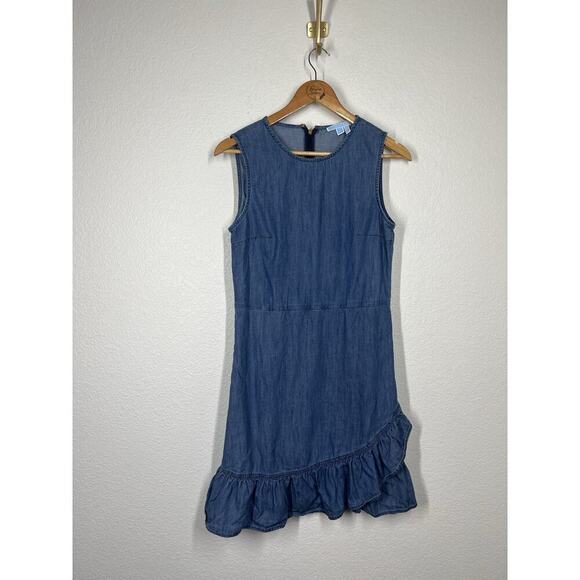 Draper James Chambray Faux Wrap Dress Size 6 Ruffled Hem Sleeveless - Picture 1 of 4